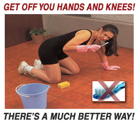 Woman on hands and knees cleaning tile grout.