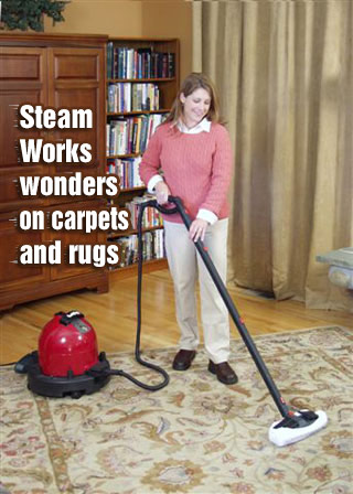 Woman steam cleaning carpet